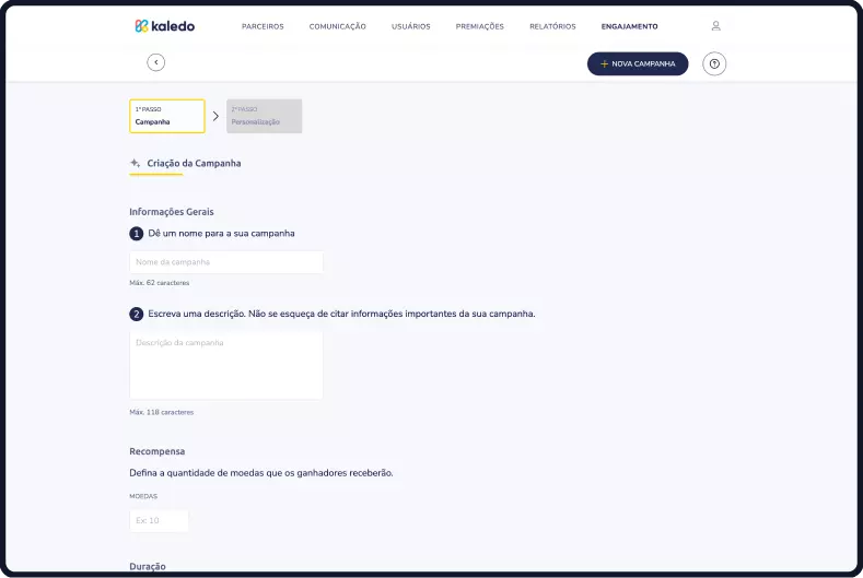tela de simulação da plataforma kaledo de campanhas de engajamento