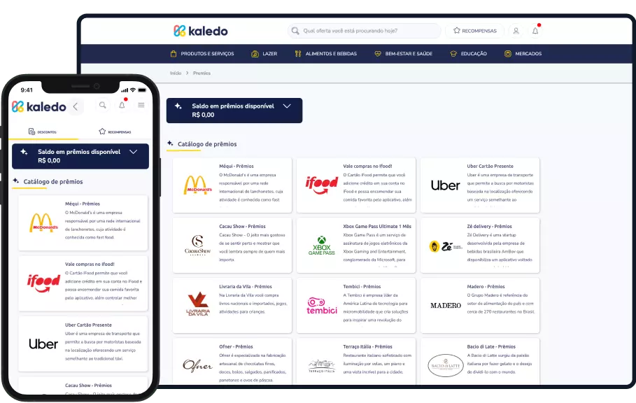 tela de catálogo de prêmios da plataforma kaledo